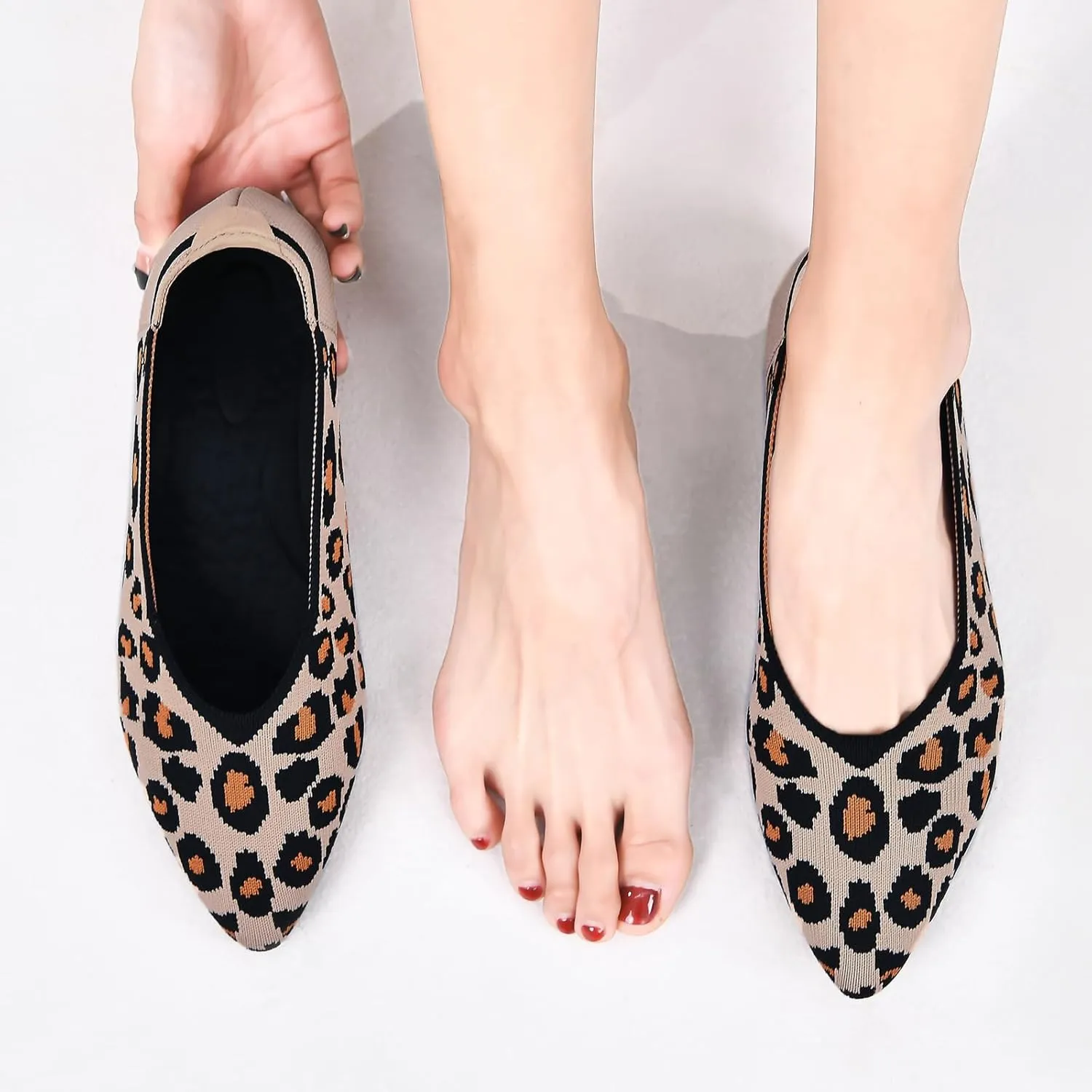 Buyrew Women's Flats Pointed Toe Ballet Shoes Knit Dress Shoes Low Wedge Slip On Arch Support Walking Office Business Flats
