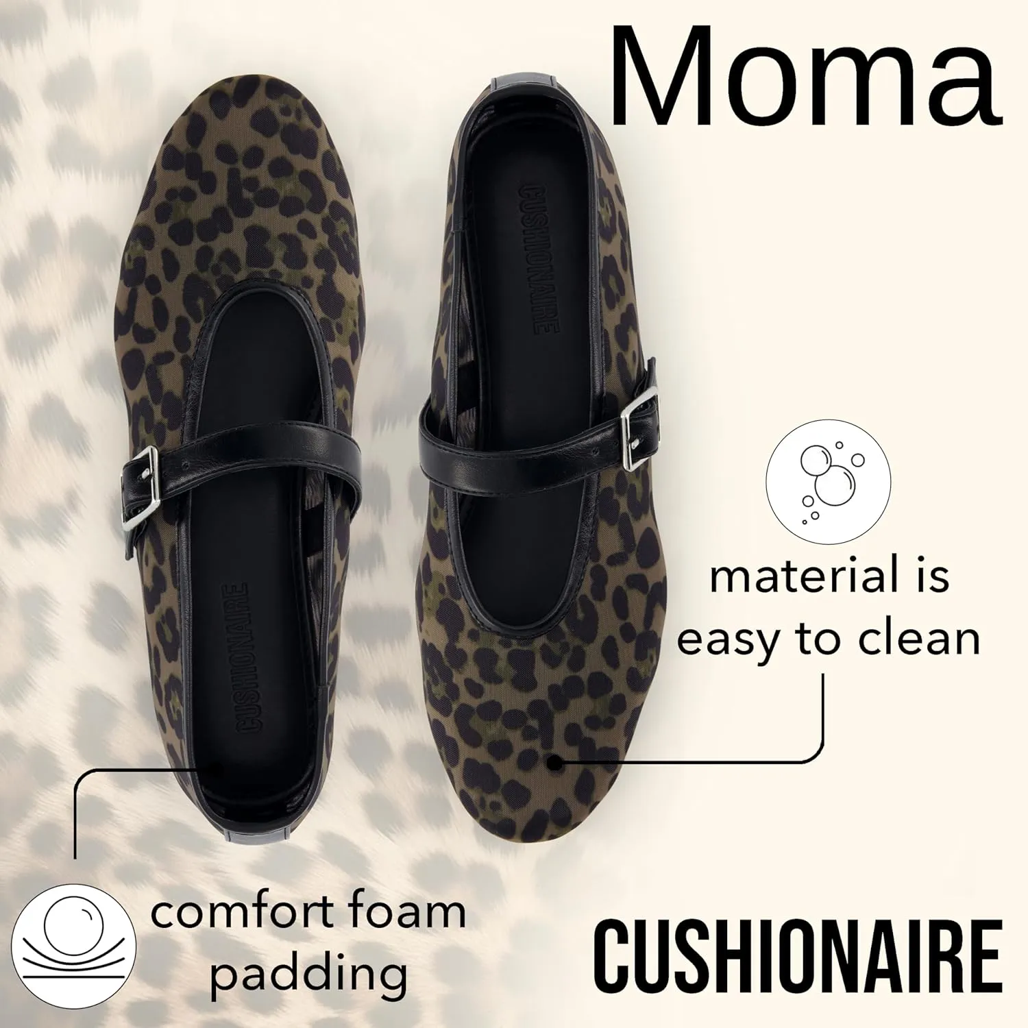 CUSHIONAIRE Moma Women's Leopard Print Mesh Mary Jane Flats  Buckle Strap, Memory Foam, Wide Widths Available
