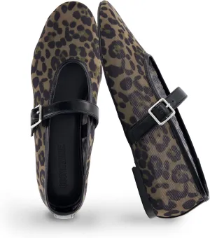 CUSHIONAIRE Moma Women's Leopard Print Mesh Mary Jane Flats  Buckle Strap, Memory Foam, Wide Widths Available