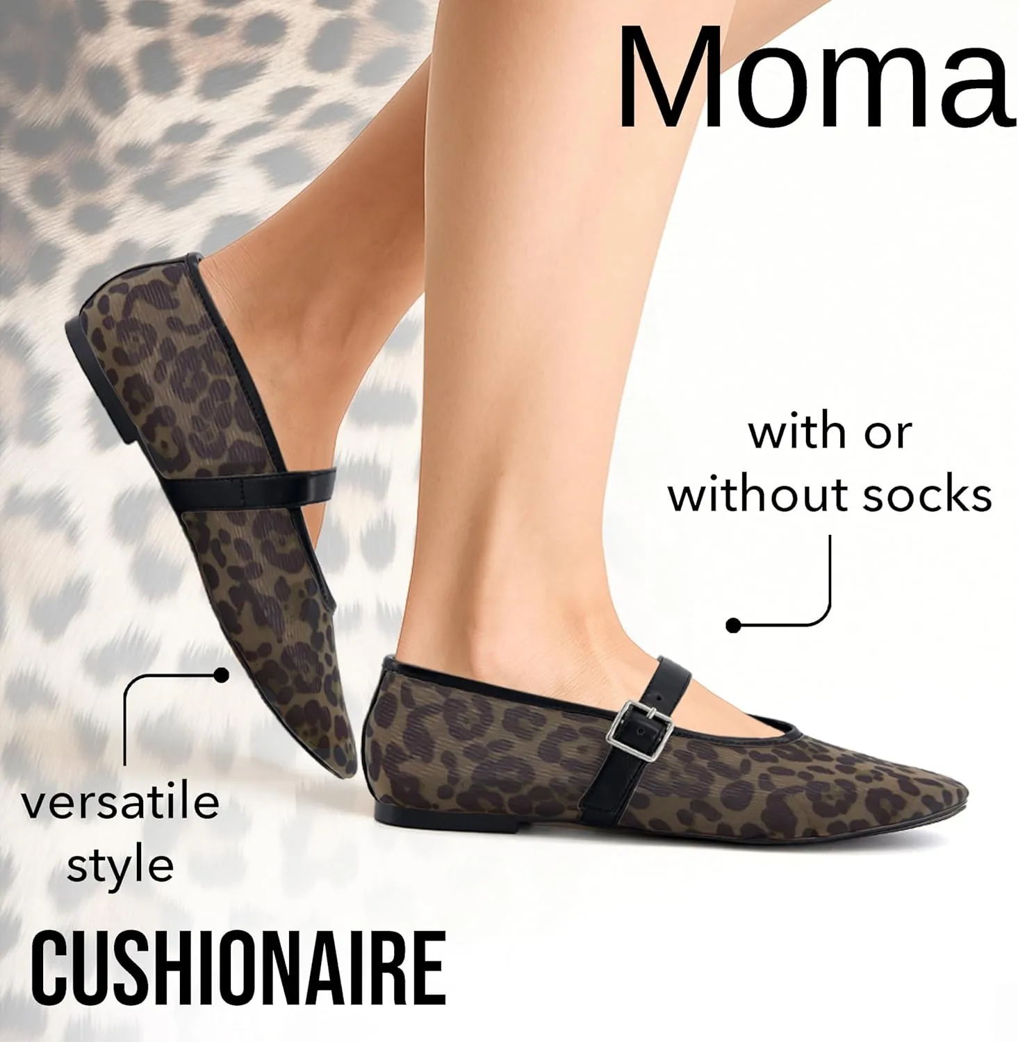 CUSHIONAIRE Moma Women's Leopard Print Mesh Mary Jane Flats  Buckle Strap, Memory Foam, Wide Widths Available