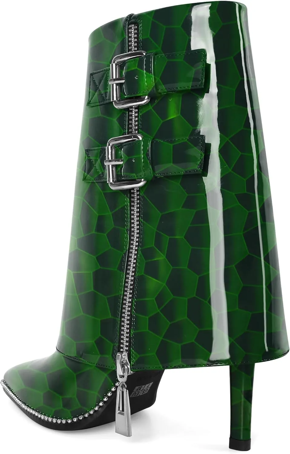 Eldof Ankle Boots for Women Fold Over Stiletto High Heel Pointed Toe Beaded Fall Short Booties Buckle Strap Side Zipper 3.5 Inches