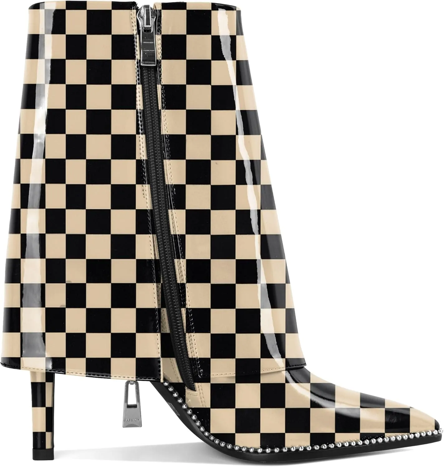 Eldof Ankle Boots for Women Fold Over Stiletto High Heel Pointed Toe Beaded Fall Short Booties Buckle Strap Side Zipper 3.5 Inches