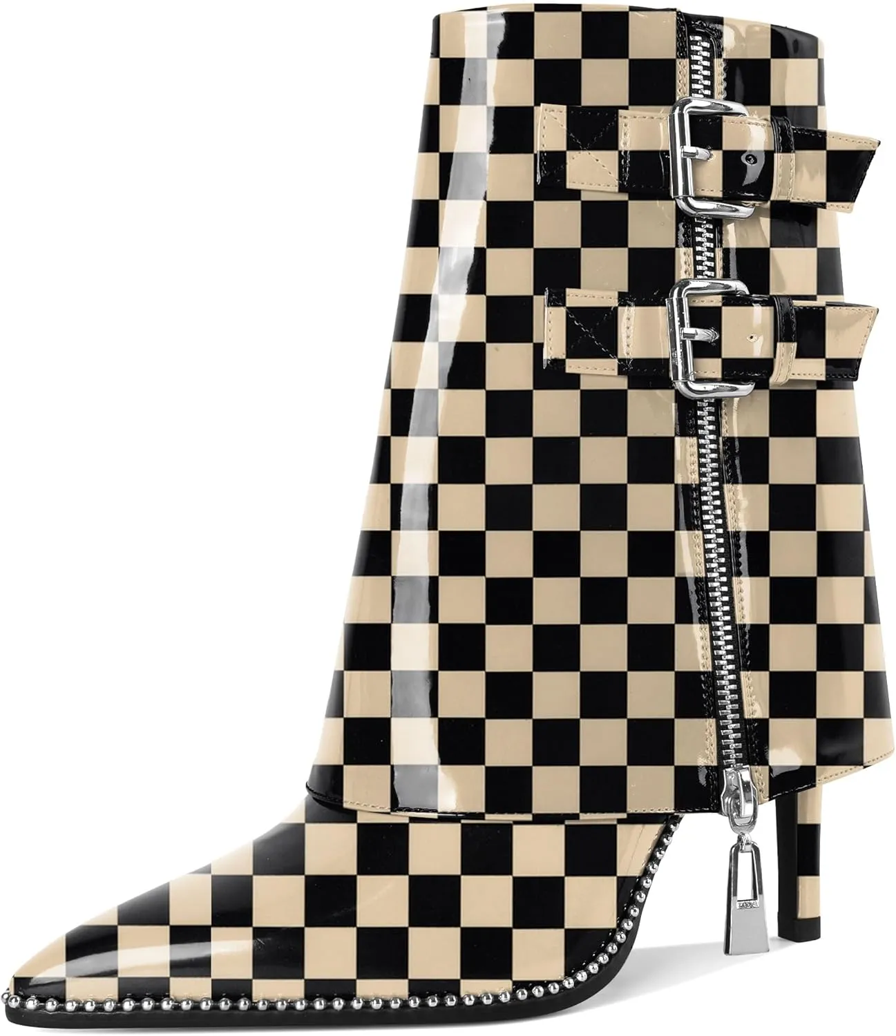 Eldof Ankle Boots for Women Fold Over Stiletto High Heel Pointed Toe Beaded Fall Short Booties Buckle Strap Side Zipper 3.5 Inches