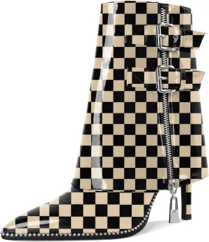 Eldof Ankle Boots for Women Fold Over Stiletto High Heel Pointed Toe Beaded Fall Short Booties Buckle Strap Side Zipper 3.5 Inches