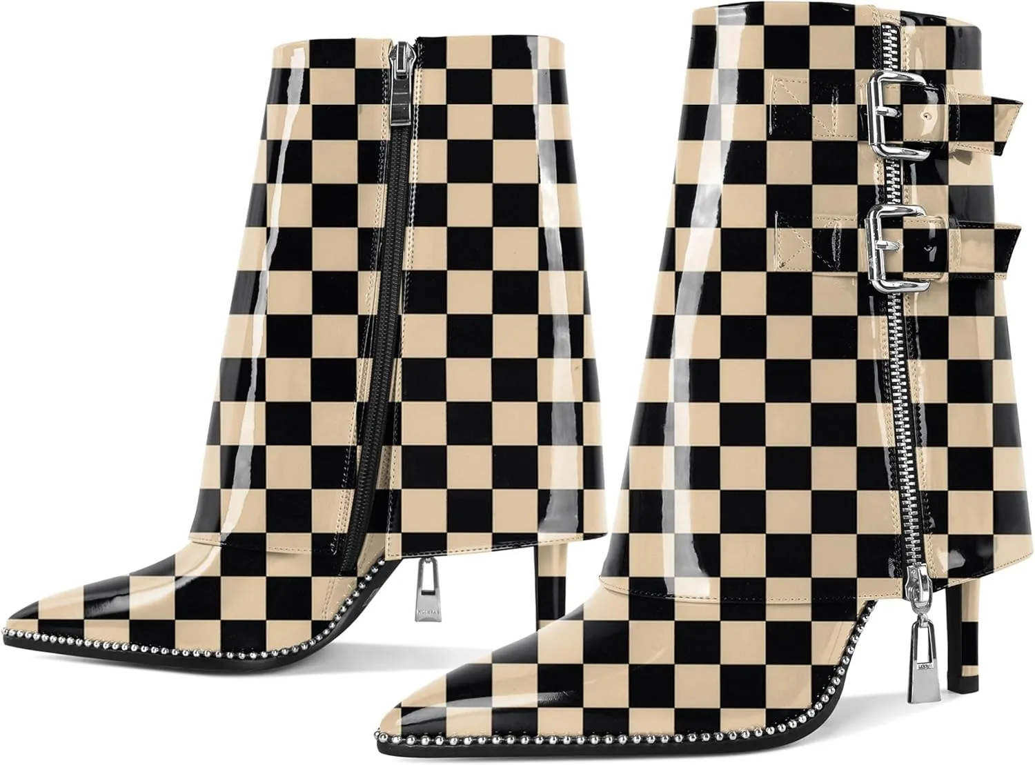 Eldof Ankle Boots for Women Fold Over Stiletto High Heel Pointed Toe Beaded Fall Short Booties Buckle Strap Side Zipper 3.5 Inches
