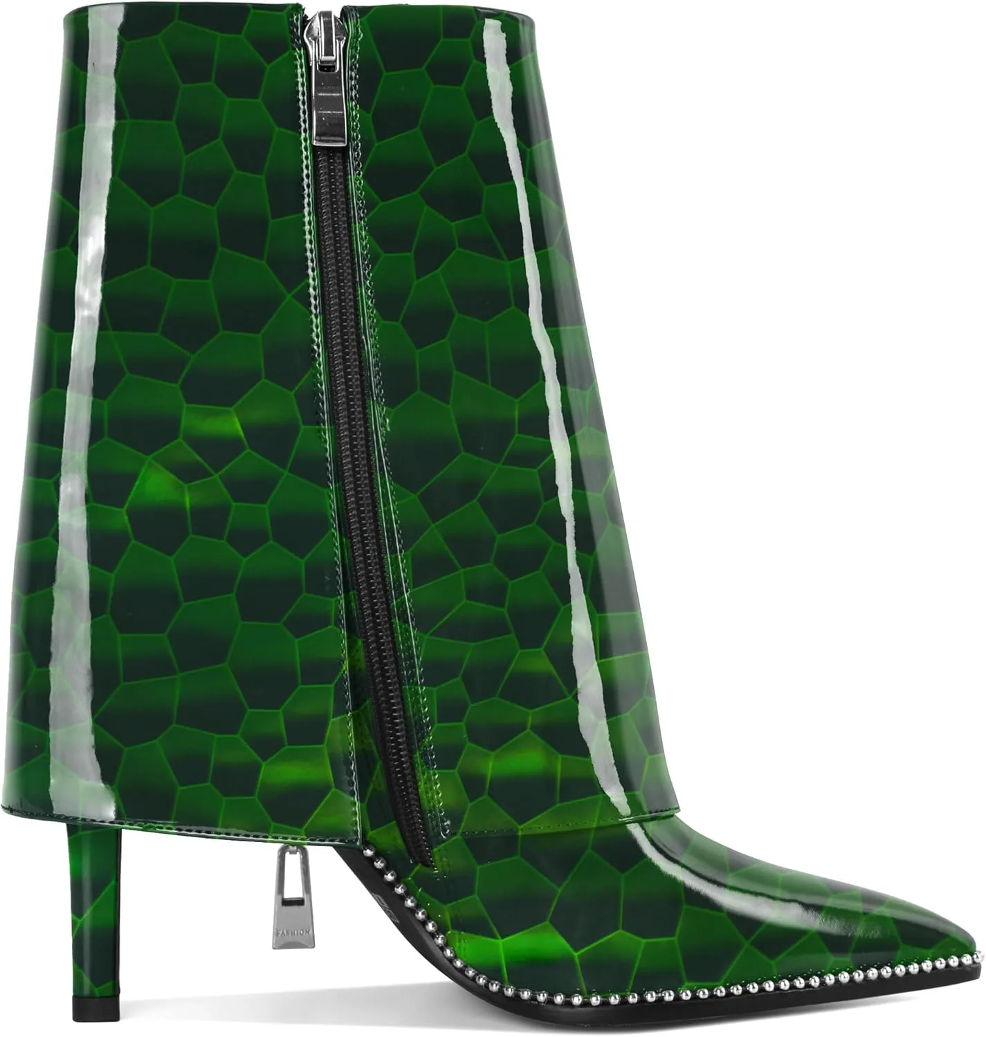 Eldof Ankle Boots for Women Fold Over Stiletto High Heel Pointed Toe Beaded Fall Short Booties Buckle Strap Side Zipper 3.5 Inches