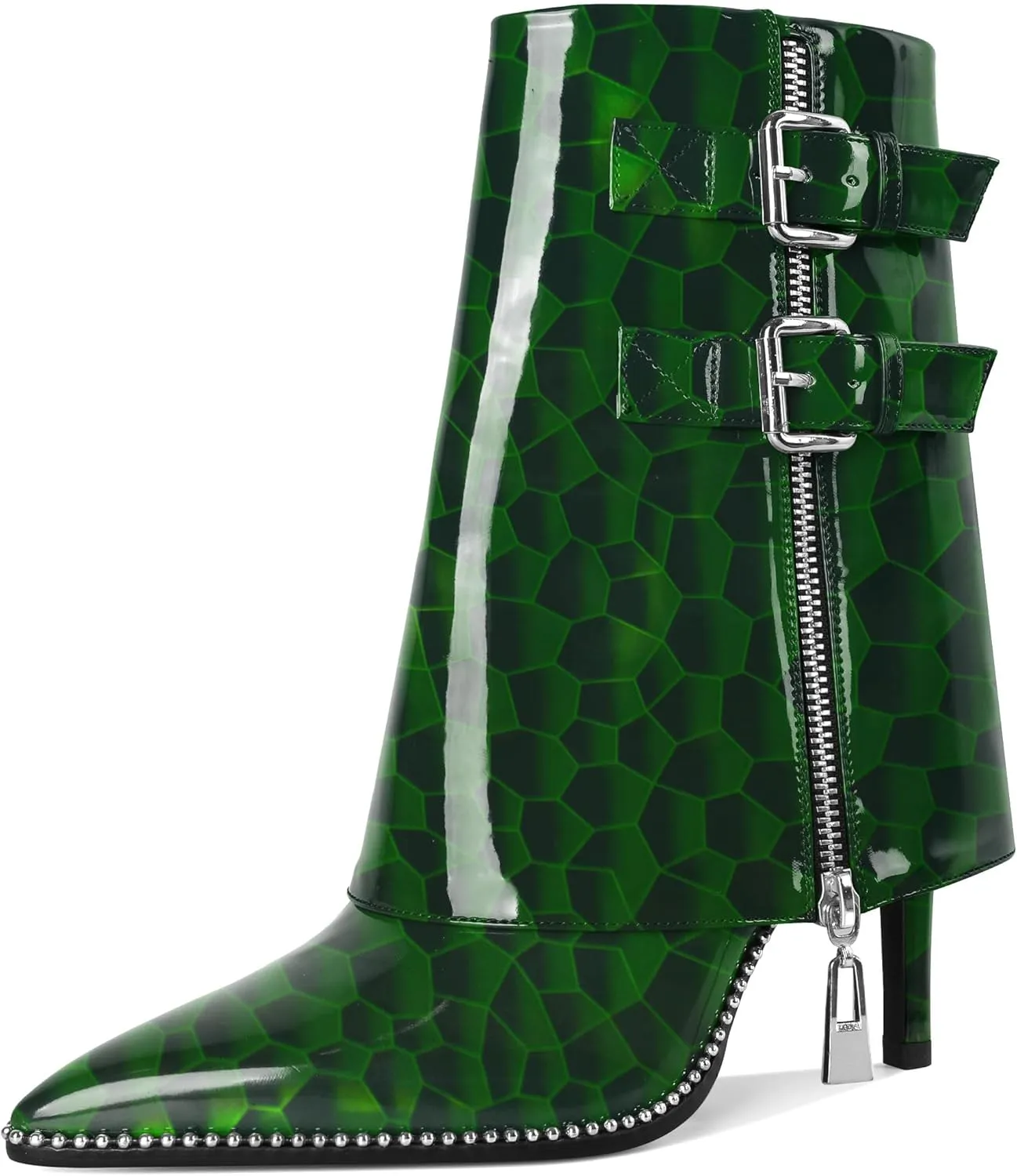 Eldof Ankle Boots for Women Fold Over Stiletto High Heel Pointed Toe Beaded Fall Short Booties Buckle Strap Side Zipper 3.5 Inches