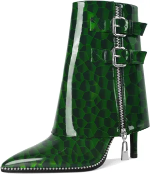 Eldof Ankle Boots for Women Fold Over Stiletto High Heel Pointed Toe Beaded Fall Short Booties Buckle Strap Side Zipper 3.5 Inches