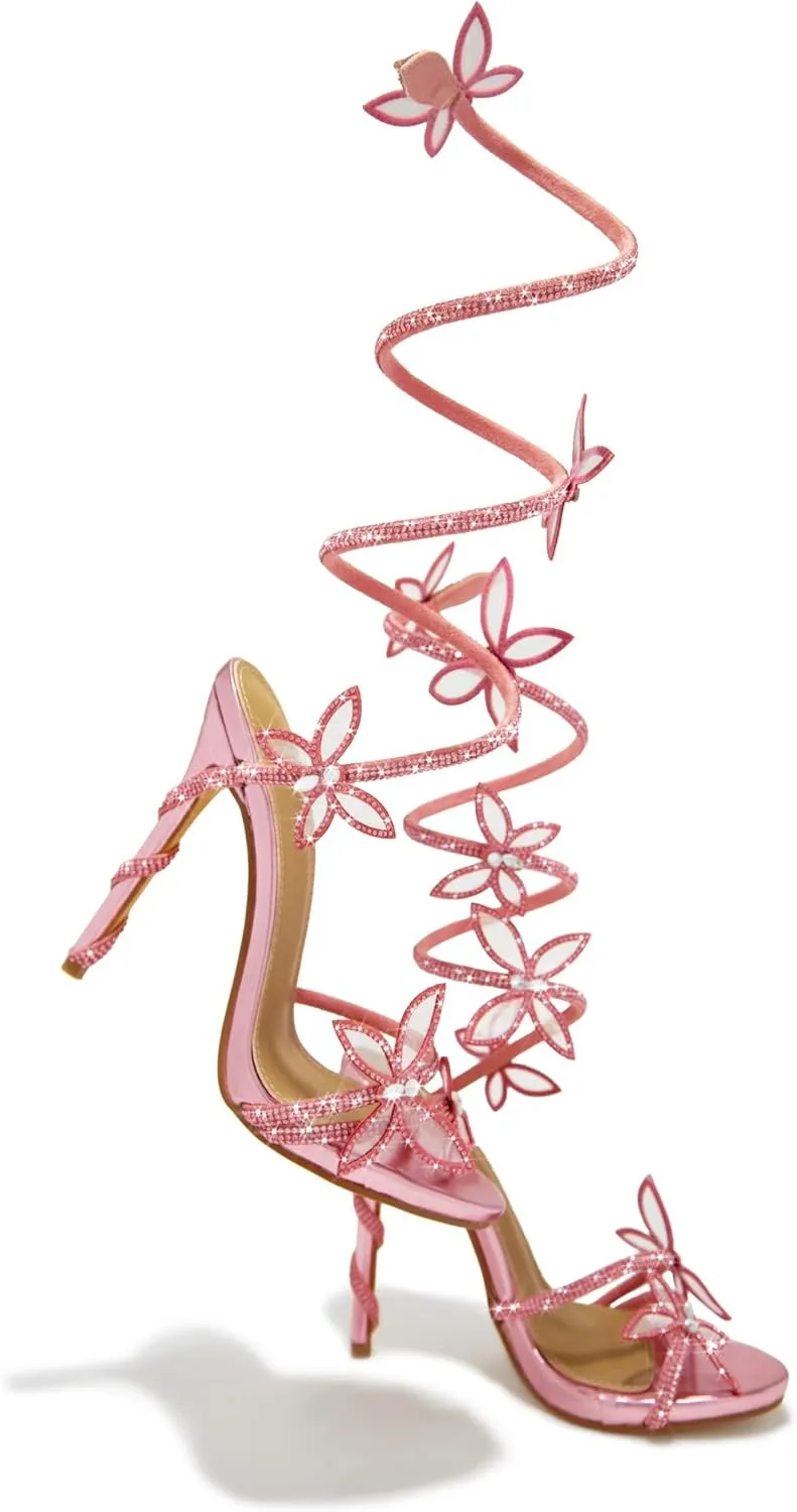 Fantasy Women's Diamante Butterfly Detail Wrap Around Strap Platform Stiletto Heel Sandal
