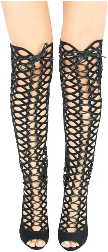 Fashion Knee High Perforated Women Boots Faux Leather