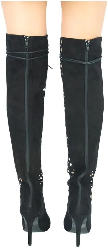 Fashion Knee High Perforated Women Boots Faux Leather