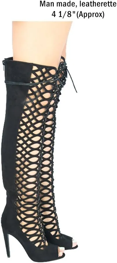Fashion Knee High Perforated Women Boots Faux Leather