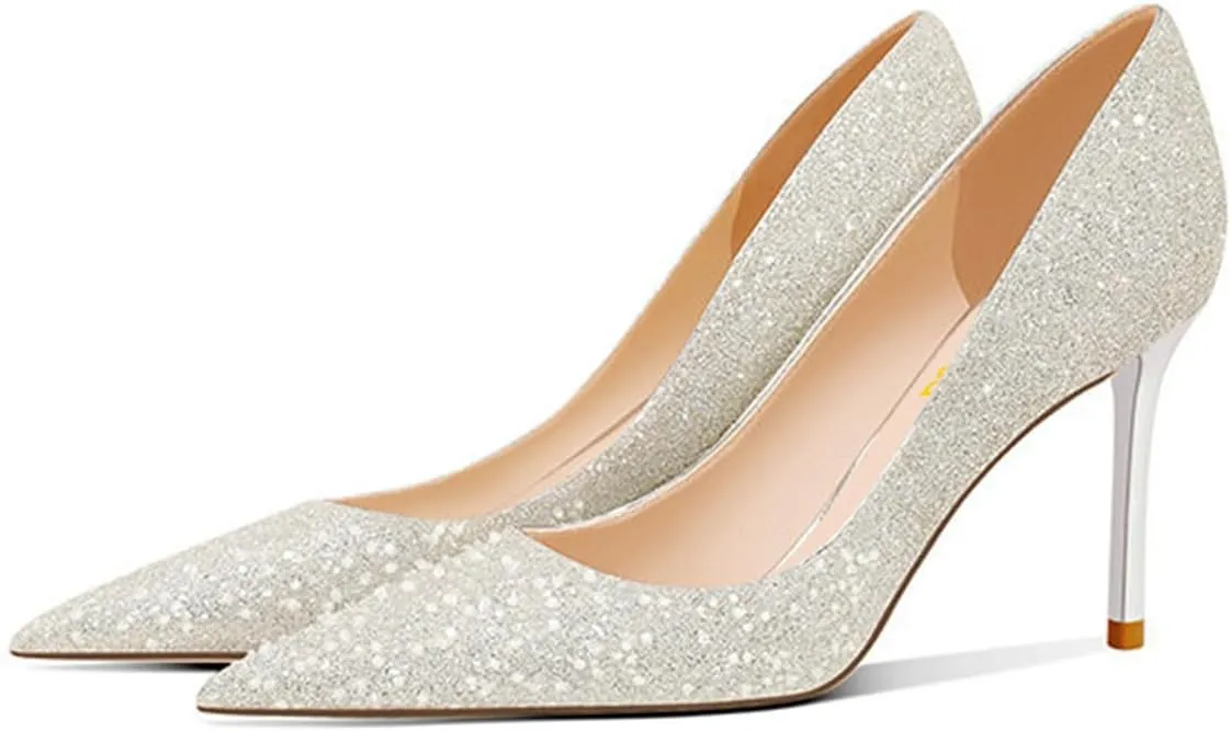 FSJ Women Shiny Glitter Closed Pointy Toe Pumps Sparkly High Heel Sexy Slip On Banquet Formal Event Dress Shoes Sizes 4-16 US