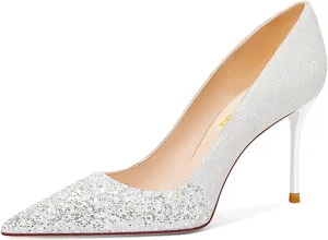 FSJ Women Shiny Glitter Closed Pointy Toe Pumps Sparkly High Heel Sexy Slip On Banquet Formal Event Dress Shoes Sizes 4-16 US