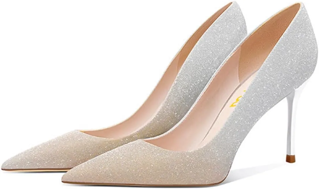 FSJ Women Shiny Glitter Closed Pointy Toe Pumps Sparkly High Heel Sexy Slip On Banquet Formal Event Dress Shoes Sizes 4-16 US
