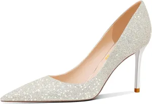 FSJ Women Shiny Glitter Closed Pointy Toe Pumps Sparkly High Heel Sexy Slip On Banquet Formal Event Dress Shoes Sizes 4-16 US