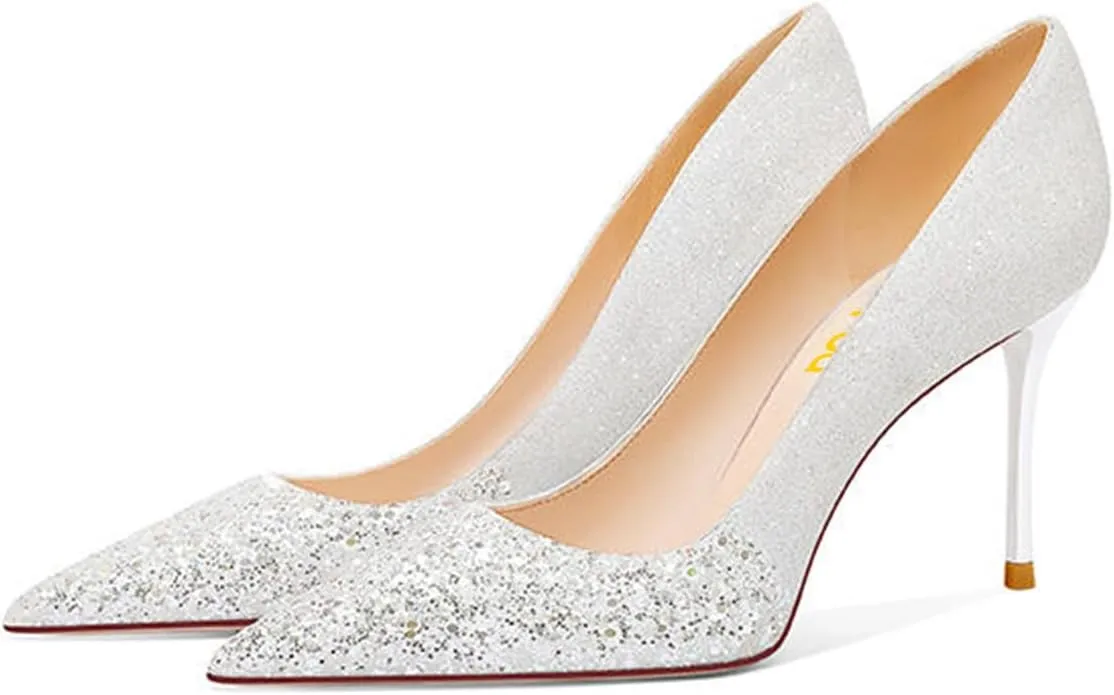 FSJ Women Shiny Glitter Closed Pointy Toe Pumps Sparkly High Heel Sexy Slip On Banquet Formal Event Dress Shoes Sizes 4-16 US