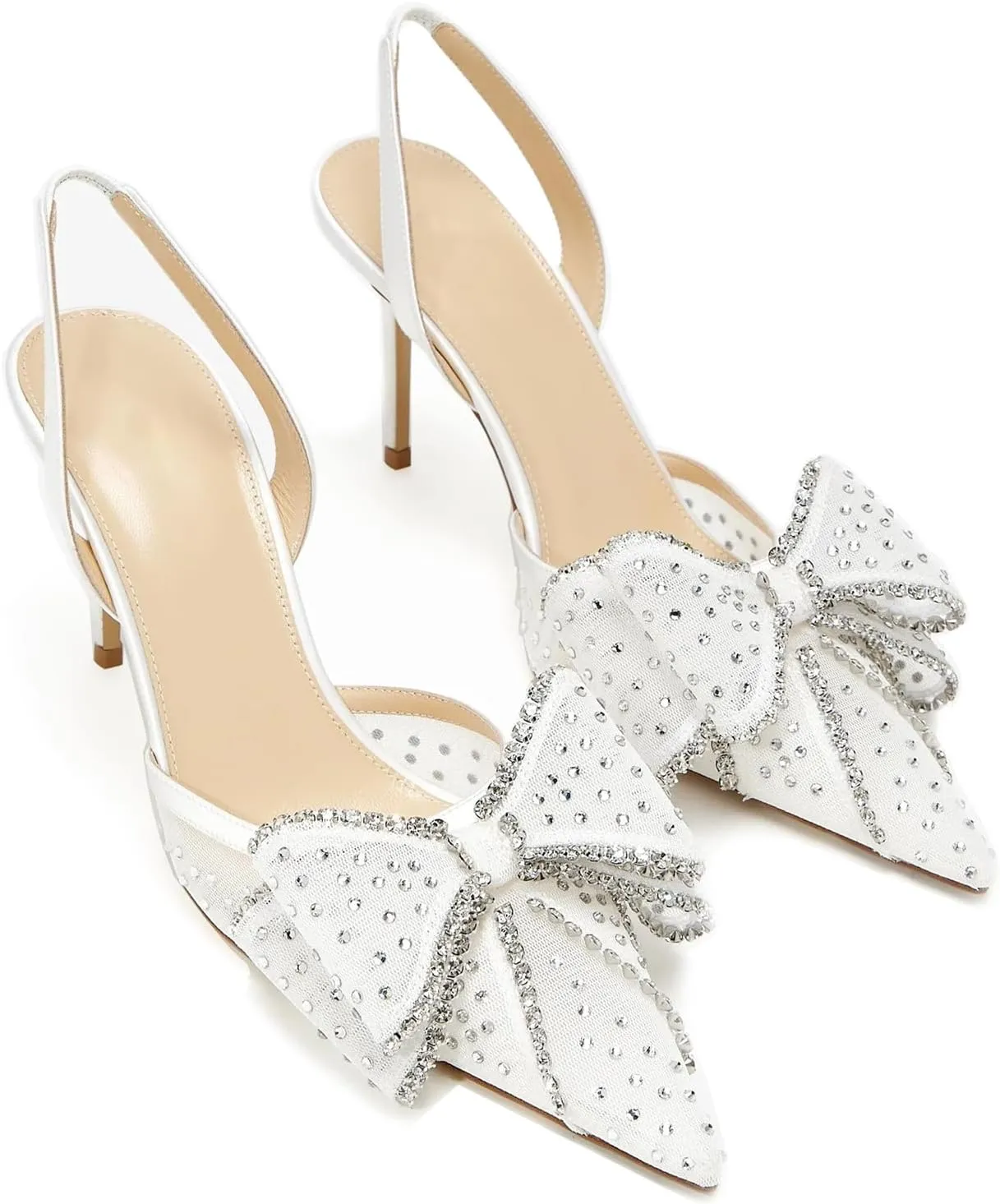 Goolita Bow Sparkly Crystal Slingback Heels for Women, Sexy Stiletto Heels Pointed Closed Toe Mesh Pumps Slip On Party Bridal Shoes for Wedding