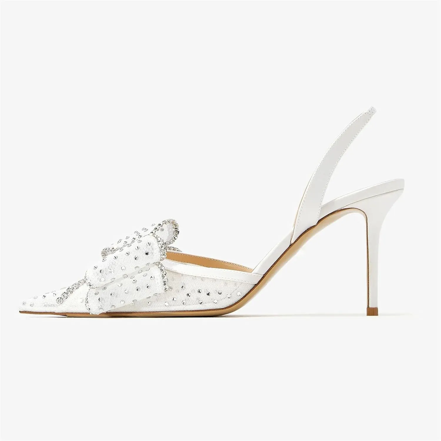 Goolita Bow Sparkly Crystal Slingback Heels for Women, Sexy Stiletto Heels Pointed Closed Toe Mesh Pumps Slip On Party Bridal Shoes for Wedding