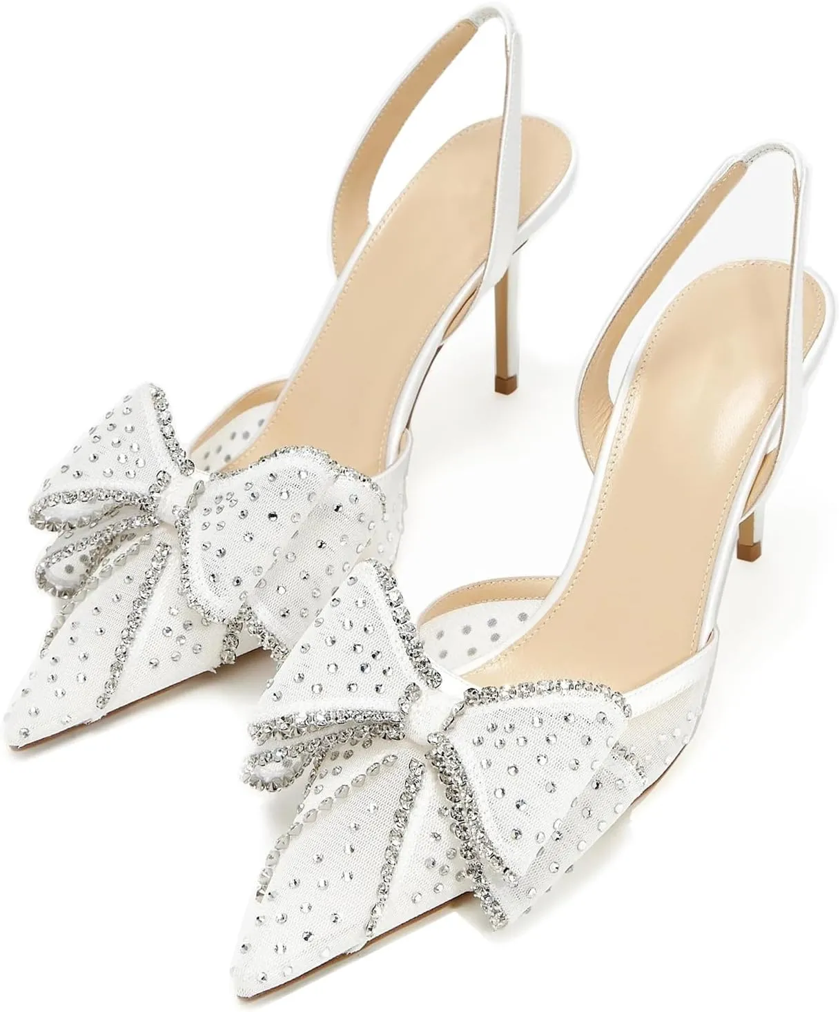 Goolita Bow Sparkly Crystal Slingback Heels for Women, Sexy Stiletto Heels Pointed Closed Toe Mesh Pumps Slip On Party Bridal Shoes for Wedding