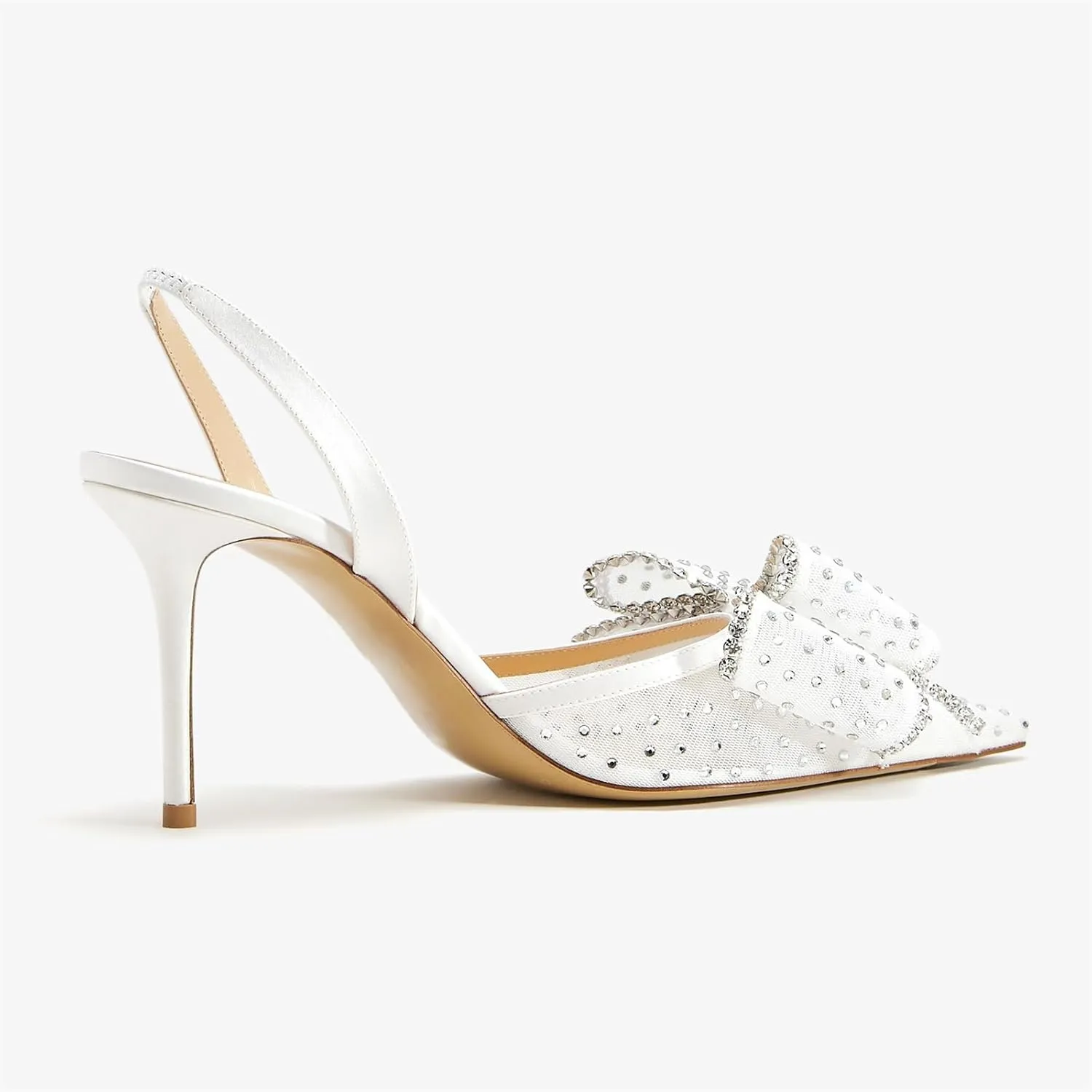 Goolita Bow Sparkly Crystal Slingback Heels for Women, Sexy Stiletto Heels Pointed Closed Toe Mesh Pumps Slip On Party Bridal Shoes for Wedding