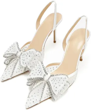 Goolita Bow Sparkly Crystal Slingback Heels for Women, Sexy Stiletto Heels Pointed Closed Toe Mesh Pumps Slip On Party Bridal Shoes for Wedding