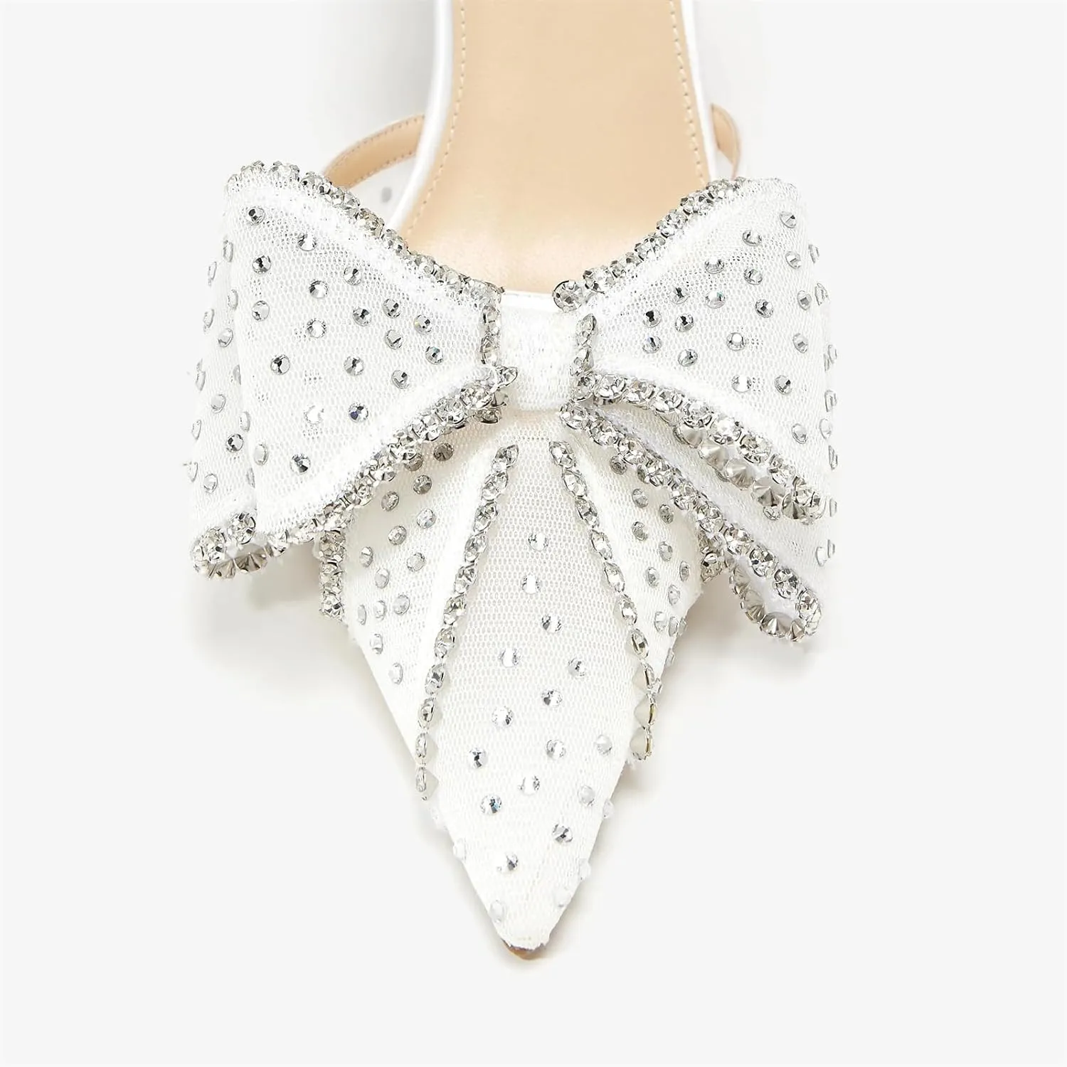 Goolita Bow Sparkly Crystal Slingback Heels for Women, Sexy Stiletto Heels Pointed Closed Toe Mesh Pumps Slip On Party Bridal Shoes for Wedding