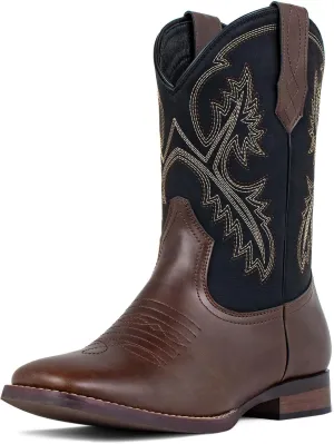 J's.o.l.e Western Mens Cowboy Boots Square Toe Wide Mid Calf Embroidered Pull On Retro Boot Brown