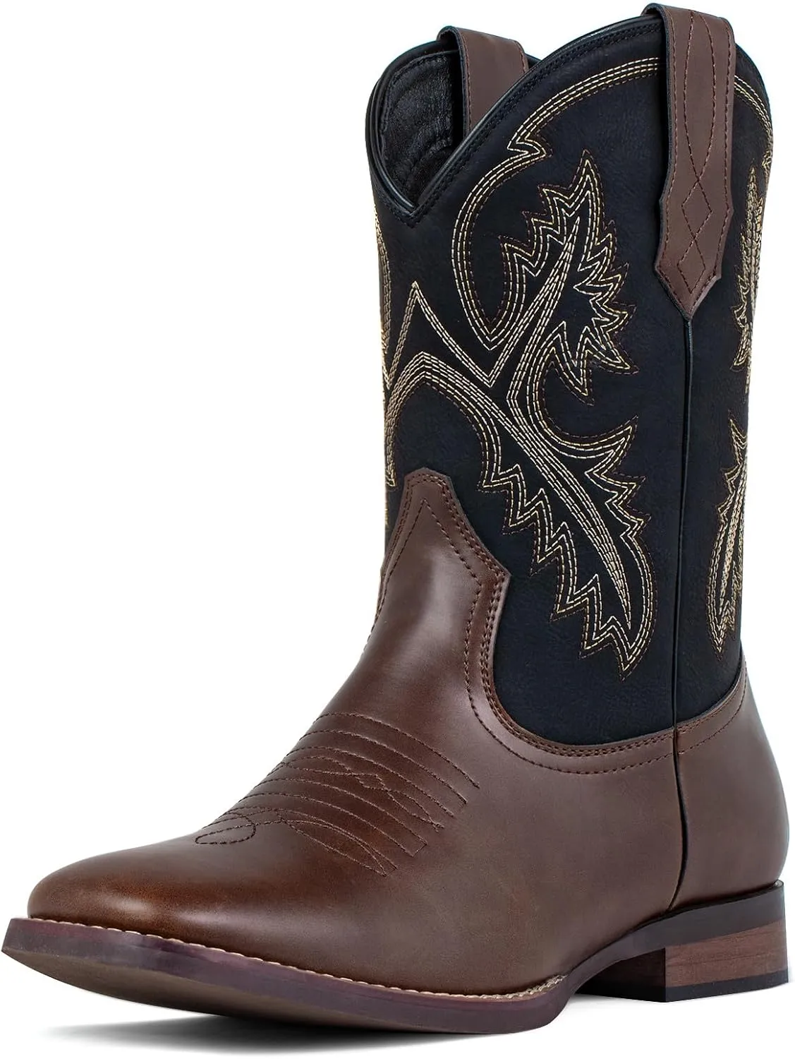 J's.o.l.e Western Mens Cowboy Boots Square Toe Wide Mid Calf Embroidered Pull On Retro Boot Brown