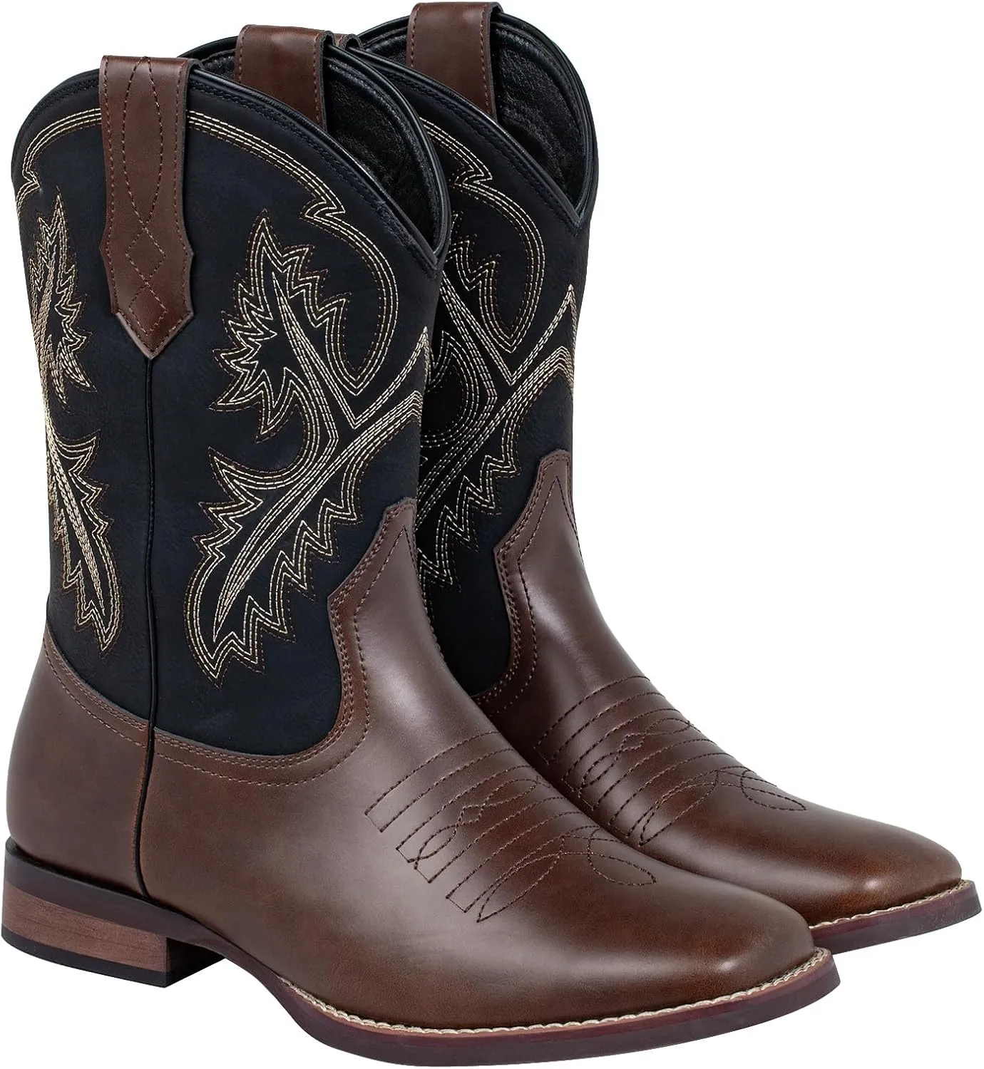 J's.o.l.e Western Mens Cowboy Boots Square Toe Wide Mid Calf Embroidered Pull On Retro Boot Brown