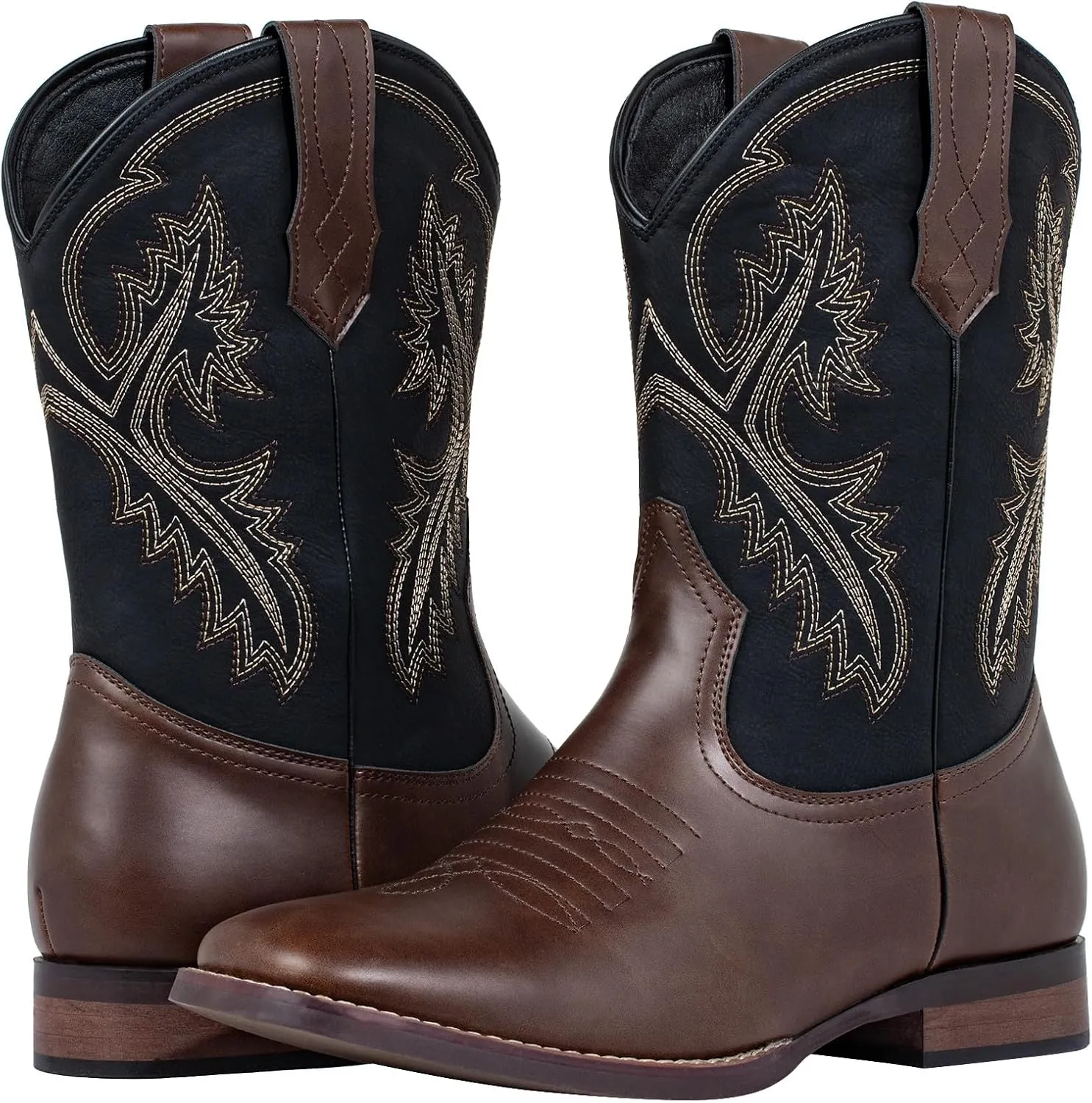 J's.o.l.e Western Mens Cowboy Boots Square Toe Wide Mid Calf Embroidered Pull On Retro Boot Brown