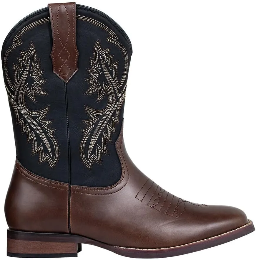 J's.o.l.e Western Mens Cowboy Boots Square Toe Wide Mid Calf Embroidered Pull On Retro Boot Brown
