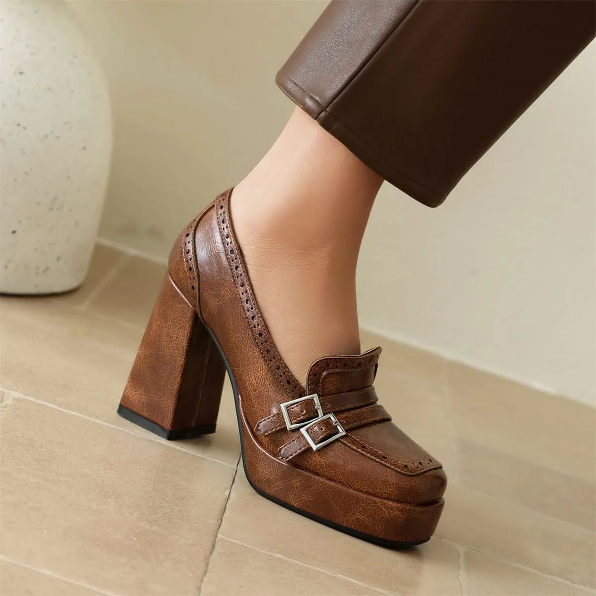 KISSASA Chunky Platform High Heeled Loafers Square Toe Block Heel Slip On Pumps