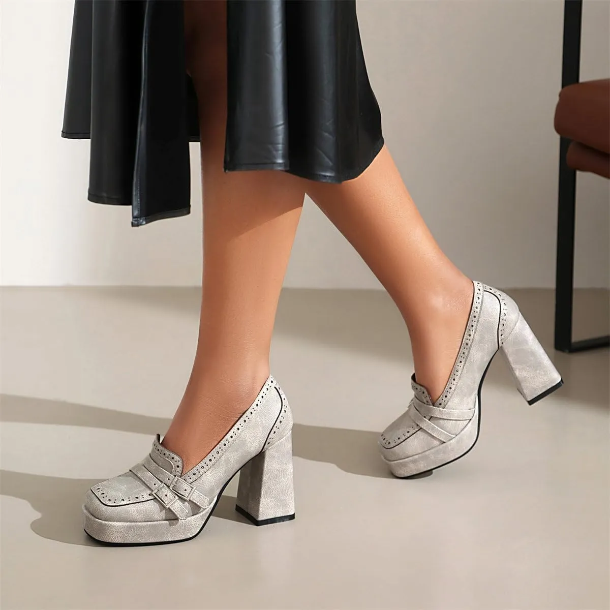 KISSASA Chunky Platform High Heeled Loafers Square Toe Block Heel Slip On Pumps