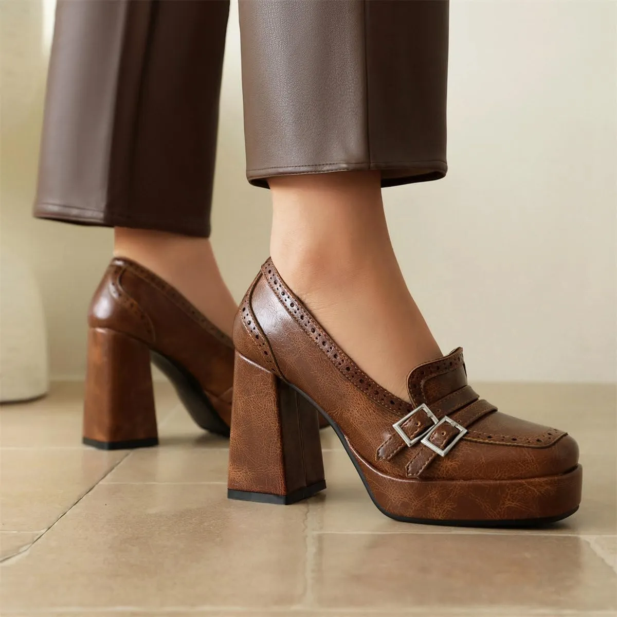 KISSASA Chunky Platform High Heeled Loafers Square Toe Block Heel Slip On Pumps