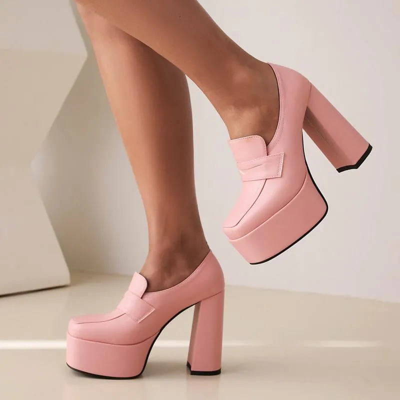 KISSASA Chunky Platform High Heeled Loafers Square Toe Block Heel Slip On Pumps