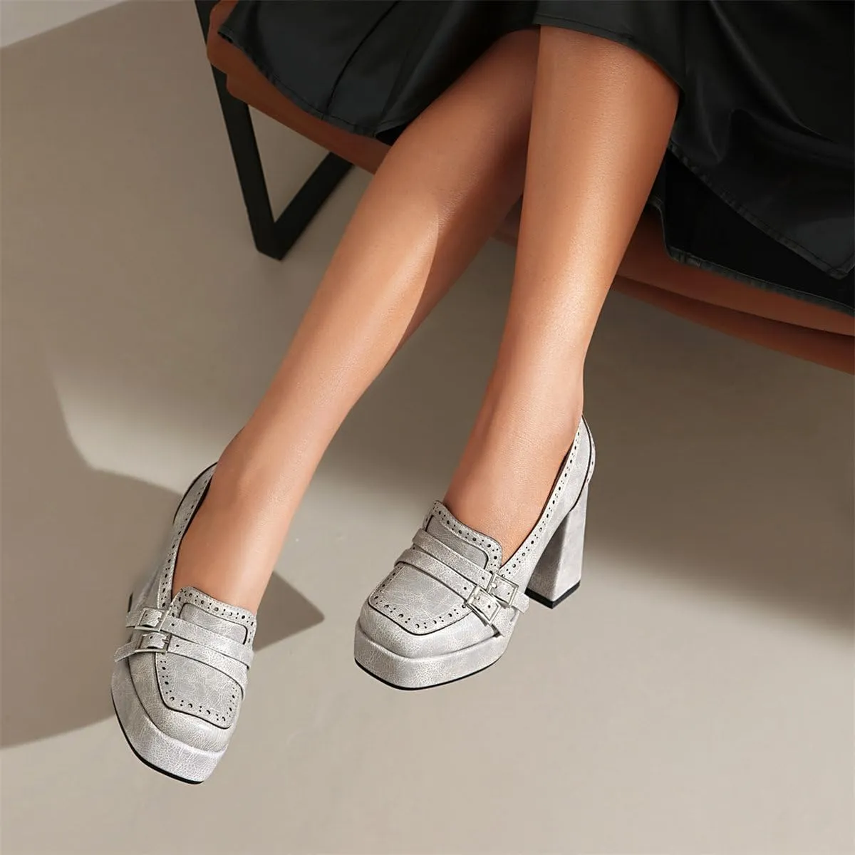 KISSASA Chunky Platform High Heeled Loafers Square Toe Block Heel Slip On Pumps