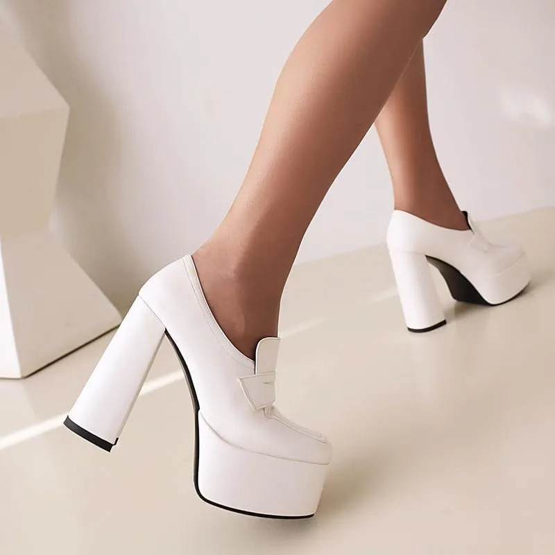 KISSASA Chunky Platform High Heeled Loafers Square Toe Block Heel Slip On Pumps