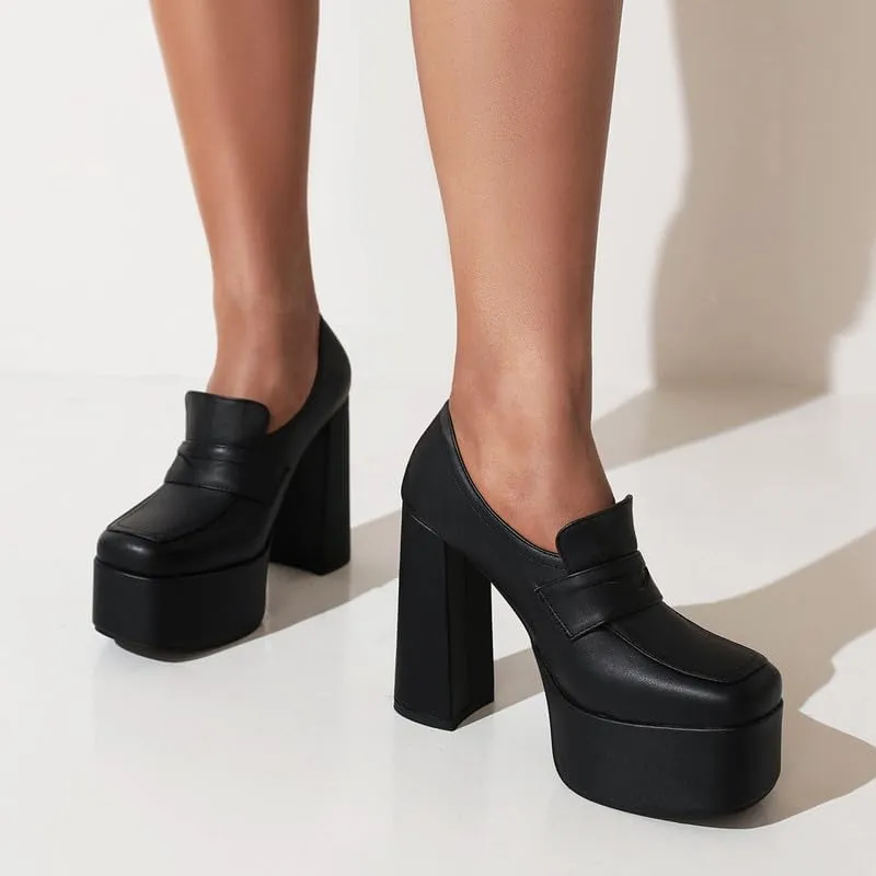 KISSASA Chunky Platform High Heeled Loafers Square Toe Block Heel Slip On Pumps
