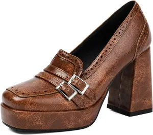 KISSASA Chunky Platform High Heeled Loafers Square Toe Block Heel Slip On Pumps