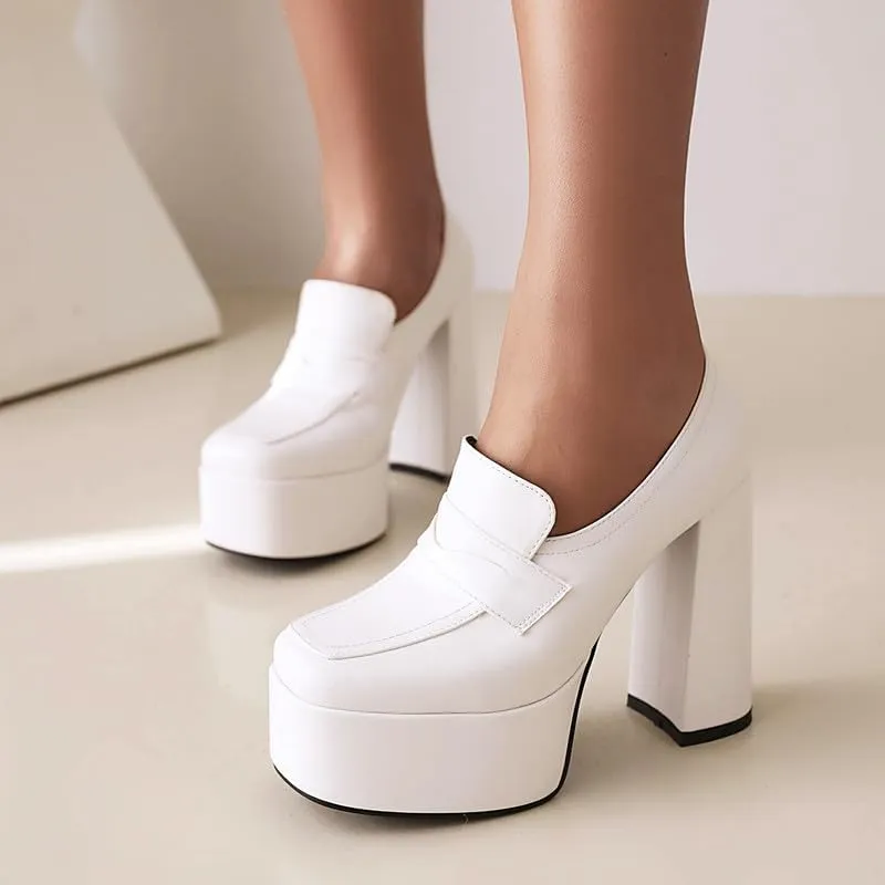 KISSASA Chunky Platform High Heeled Loafers Square Toe Block Heel Slip On Pumps