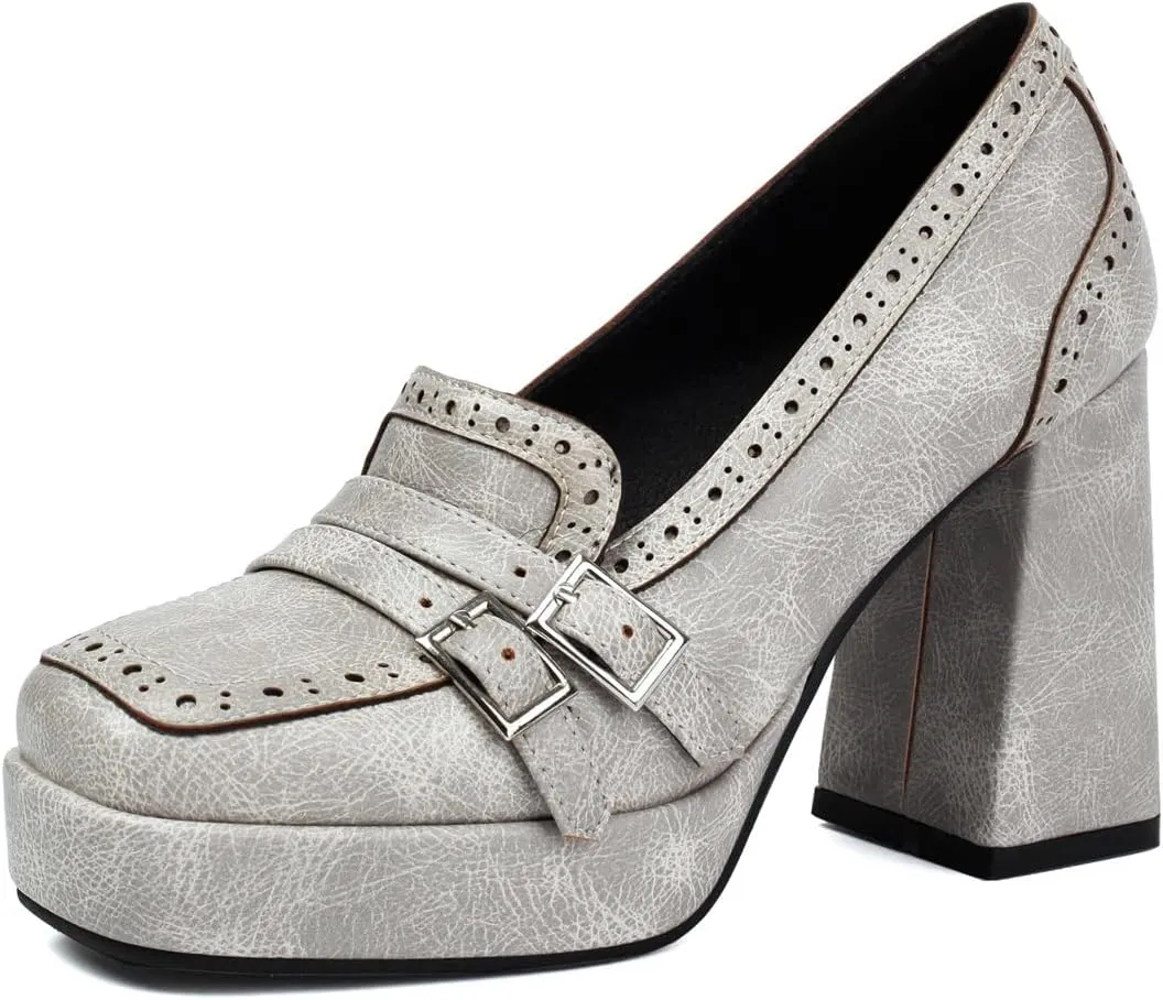 KISSASA Chunky Platform High Heeled Loafers Square Toe Block Heel Slip On Pumps