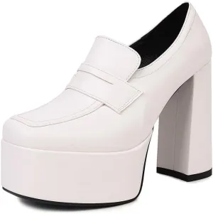 KISSASA Chunky Platform High Heeled Loafers Square Toe Block Heel Slip On Pumps