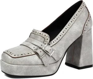 KISSASA Chunky Platform High Heeled Loafers Square Toe Block Heel Slip On Pumps