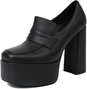 KISSASA Chunky Platform High Heeled Loafers Square Toe Block Heel Slip On Pumps
