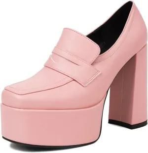 KISSASA Chunky Platform High Heeled Loafers Square Toe Block Heel Slip On Pumps