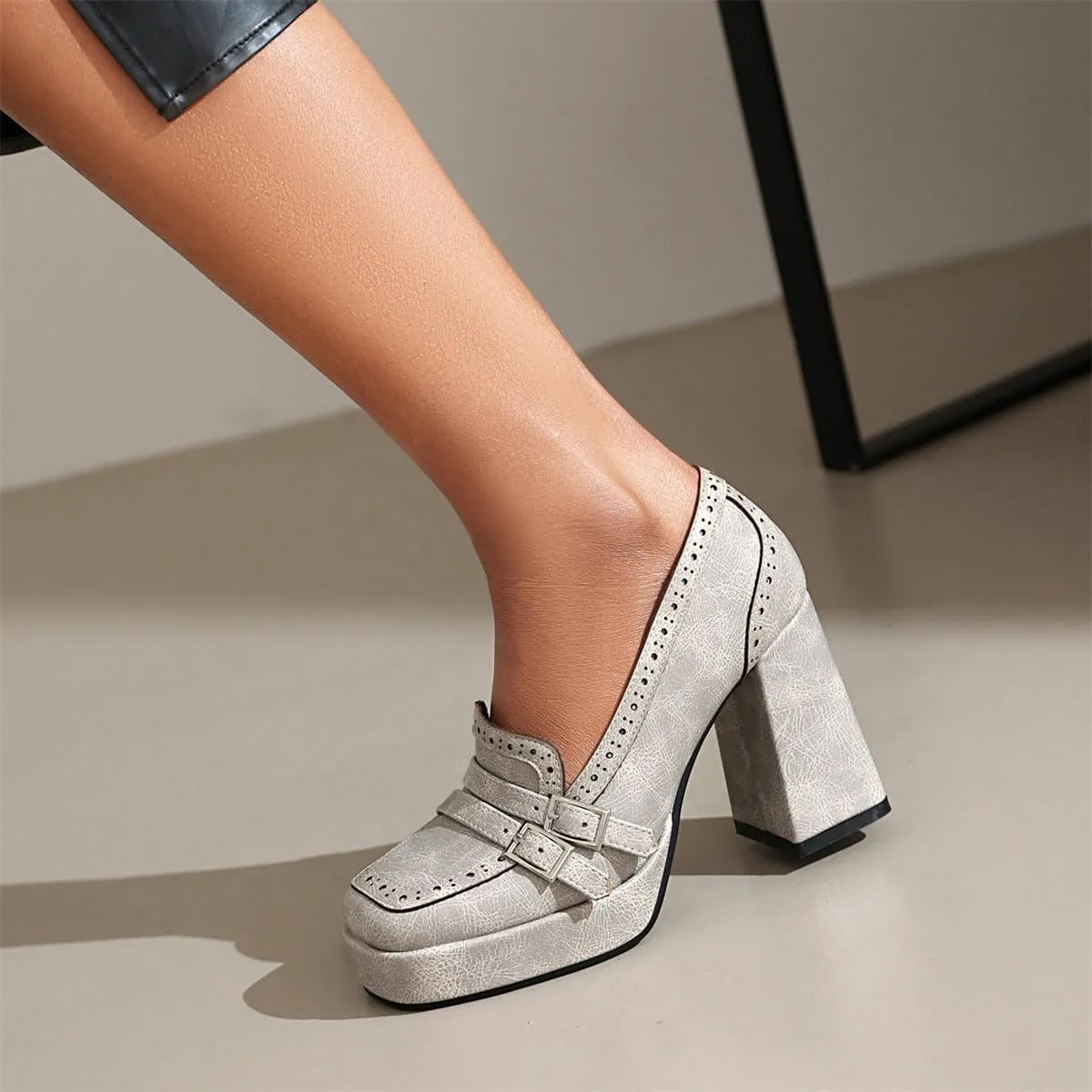 KISSASA Chunky Platform High Heeled Loafers Square Toe Block Heel Slip On Pumps
