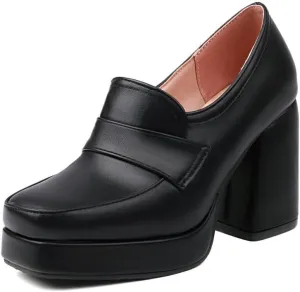 KISSASA Platform Chunky High Heeled Loafers Square Toe Block Heel Slip On Pumps