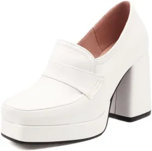 KISSASA Platform Chunky High Heeled Loafers Square Toe Block Heel Slip On Pumps