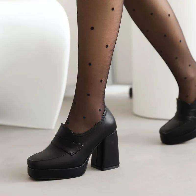 KISSASA Platform Chunky High Heeled Loafers Square Toe Block Heel Slip On Pumps